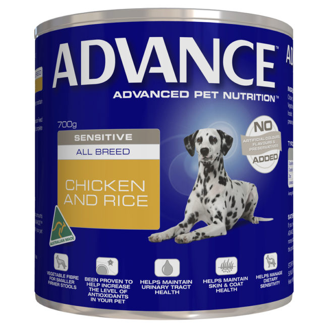 Advance Adult Dog Sensitive All Breed Chicken & Rice 700g x 12 Cans 1